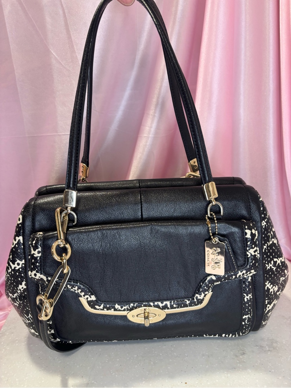Coach Black Leather Exotic Print Doctor Satchel Shoulder Bag 27841